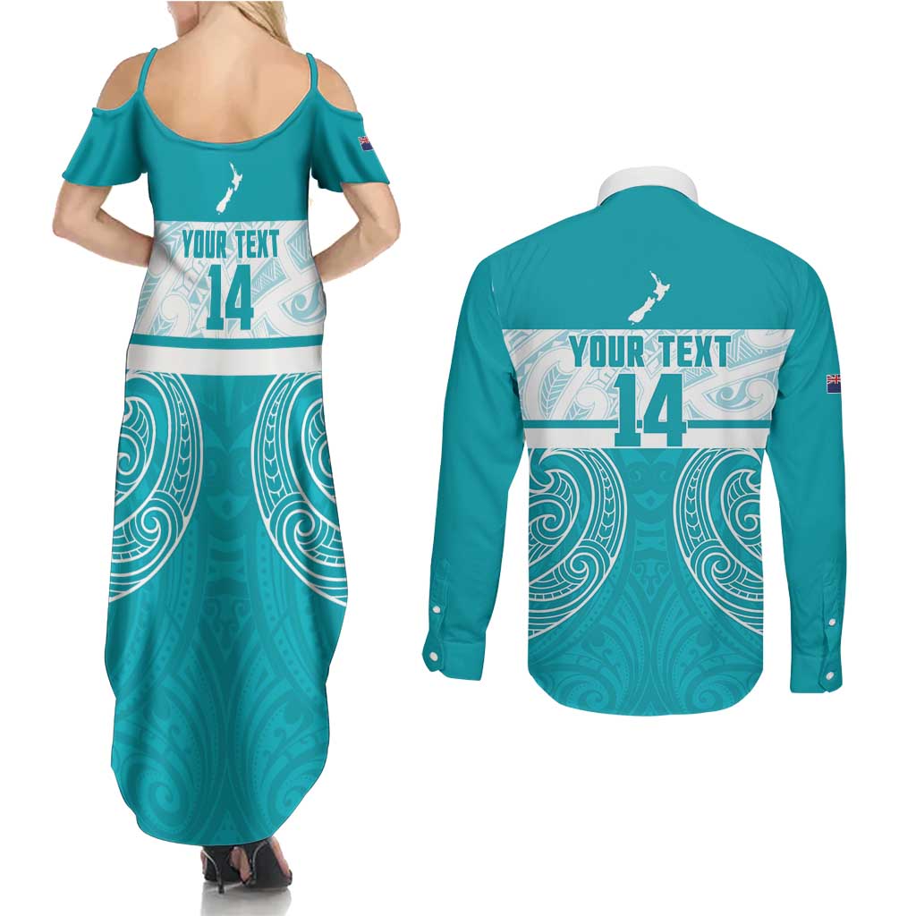 New Zealand Silver Fern Cricket Custom Couples Matching Summer Maxi Dress and Long Sleeve Button Shirt Black Cap Teal Maori Pattern - Aussie Hoodie