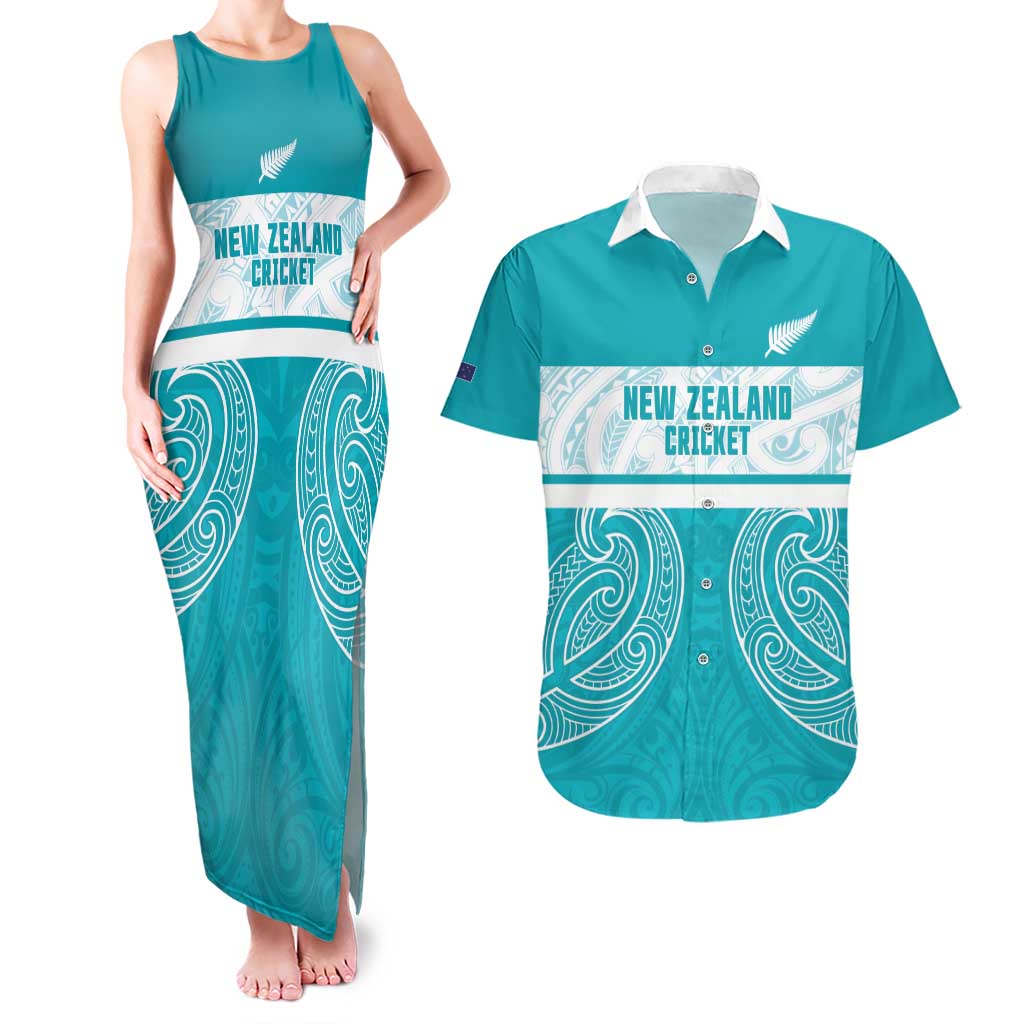 New Zealand Silver Fern Cricket Custom Couples Matching Tank Maxi Dress and Hawaiian Shirt Black Cap Teal Maori Pattern - Aussie Hoodie