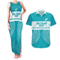 New Zealand Silver Fern Cricket Custom Couples Matching Tank Maxi Dress and Hawaiian Shirt Black Cap Teal Maori Pattern - Aussie Hoodie