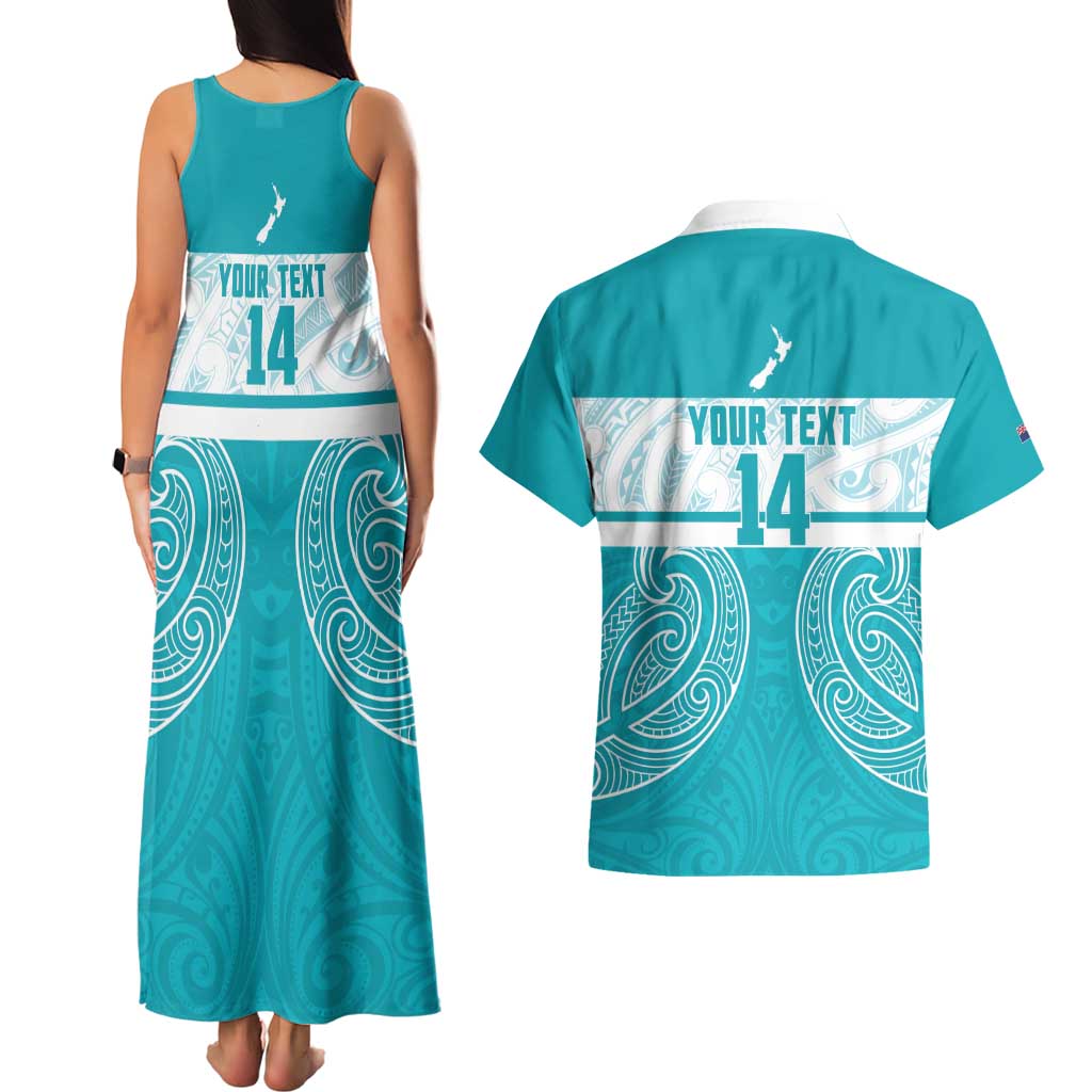 New Zealand Silver Fern Cricket Custom Couples Matching Tank Maxi Dress and Hawaiian Shirt Black Cap Teal Maori Pattern - Aussie Hoodie