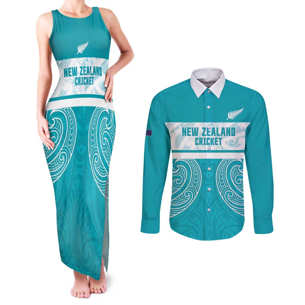 New Zealand Silver Fern Cricket Custom Couples Matching Tank Maxi Dress and Long Sleeve Button Shirt Black Cap Teal Maori Pattern - Aussie Hoodie