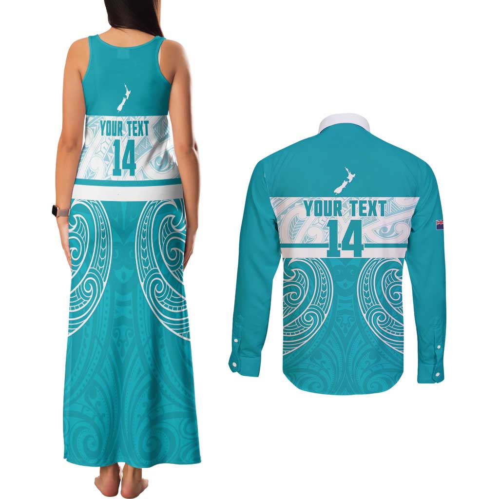 New Zealand Silver Fern Cricket Custom Couples Matching Tank Maxi Dress and Long Sleeve Button Shirt Black Cap Teal Maori Pattern - Aussie Hoodie