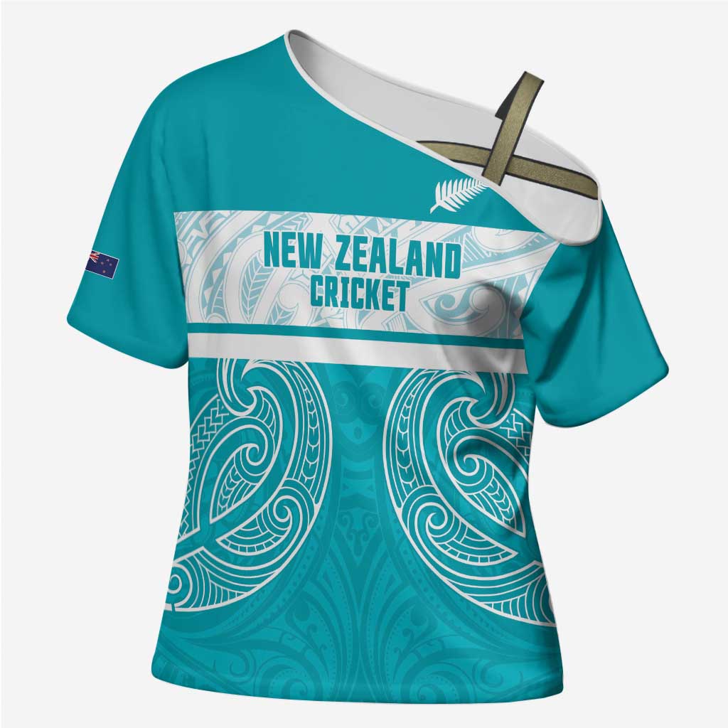 New Zealand Silver Fern Cricket Custom Cross Shoulder Shirt Black Cap Teal Maori Pattern - Aussie Hoodie
