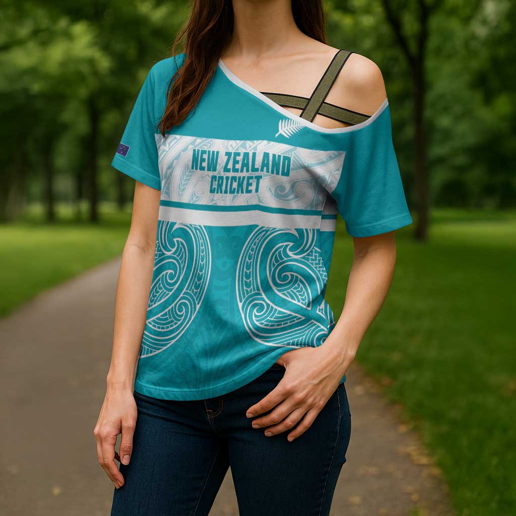 New Zealand Silver Fern Cricket Custom Cross Shoulder Shirt Black Cap Teal Maori Pattern - Aussie Hoodie