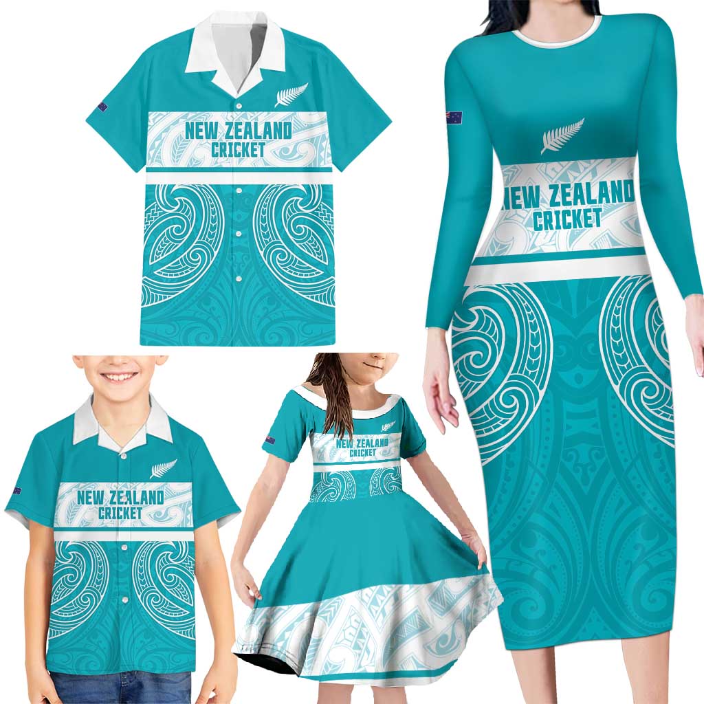 New Zealand Silver Fern Cricket Custom Family Matching Long Sleeve Bodycon Dress and Hawaiian Shirt Black Cap Teal Maori Pattern - Aussie Hoodie