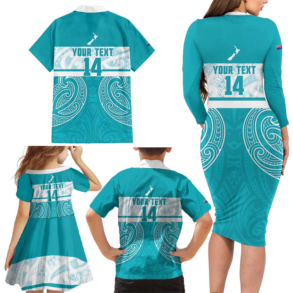 New Zealand Silver Fern Cricket Custom Family Matching Long Sleeve Bodycon Dress and Hawaiian Shirt Black Cap Teal Maori Pattern - Aussie Hoodie