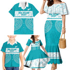 New Zealand Silver Fern Cricket Custom Family Matching Mermaid Dress and Hawaiian Shirt Black Cap Teal Maori Pattern - Aussie Hoodie