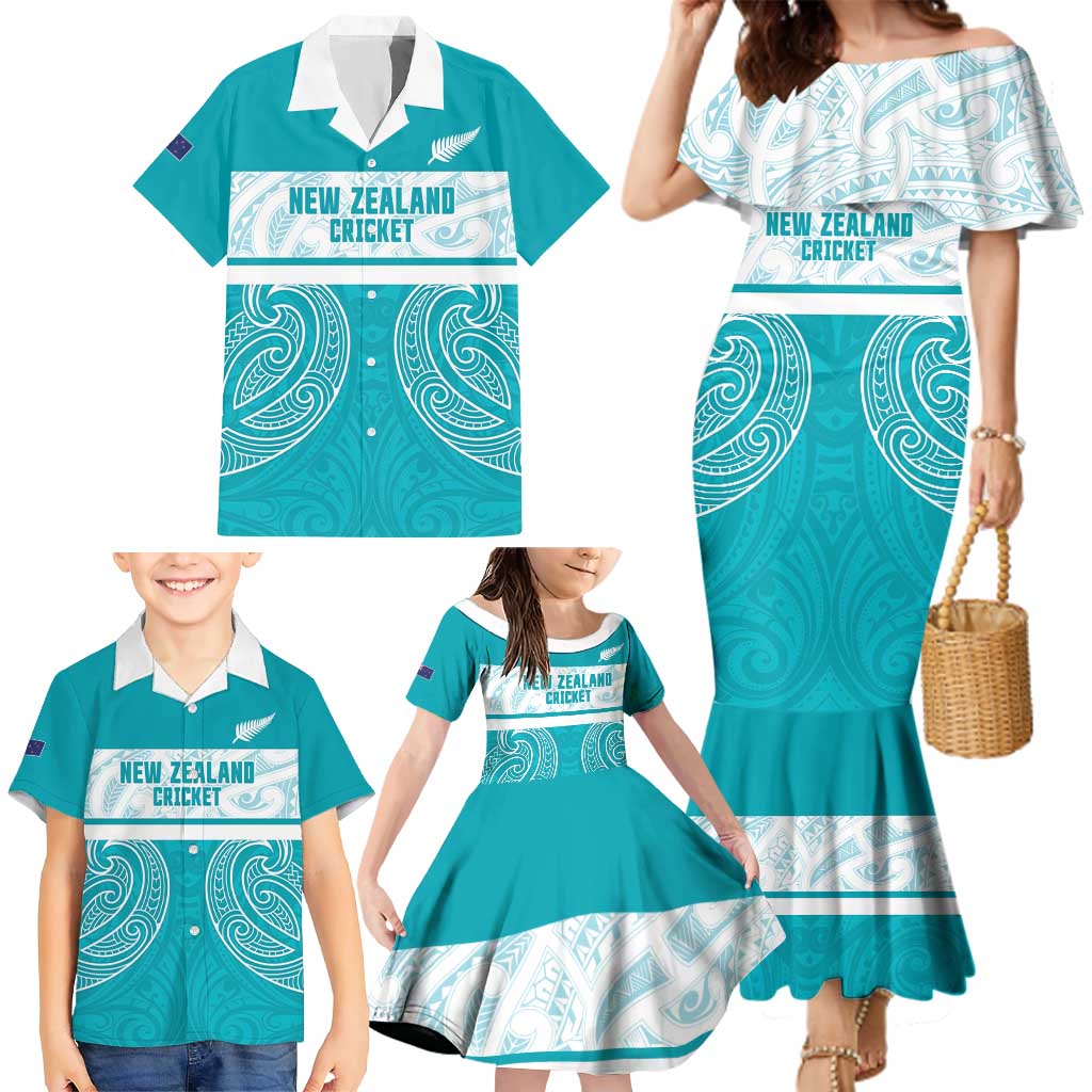 New Zealand Silver Fern Cricket Custom Family Matching Mermaid Dress and Hawaiian Shirt Black Cap Teal Maori Pattern - Aussie Hoodie