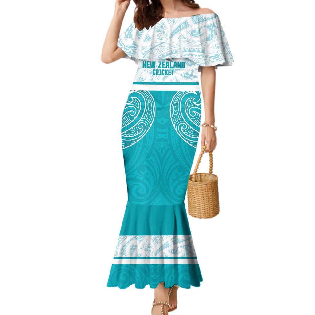 New Zealand Silver Fern Cricket Custom Family Matching Mermaid Dress and Hawaiian Shirt Black Cap Teal Maori Pattern - Aussie Hoodie
