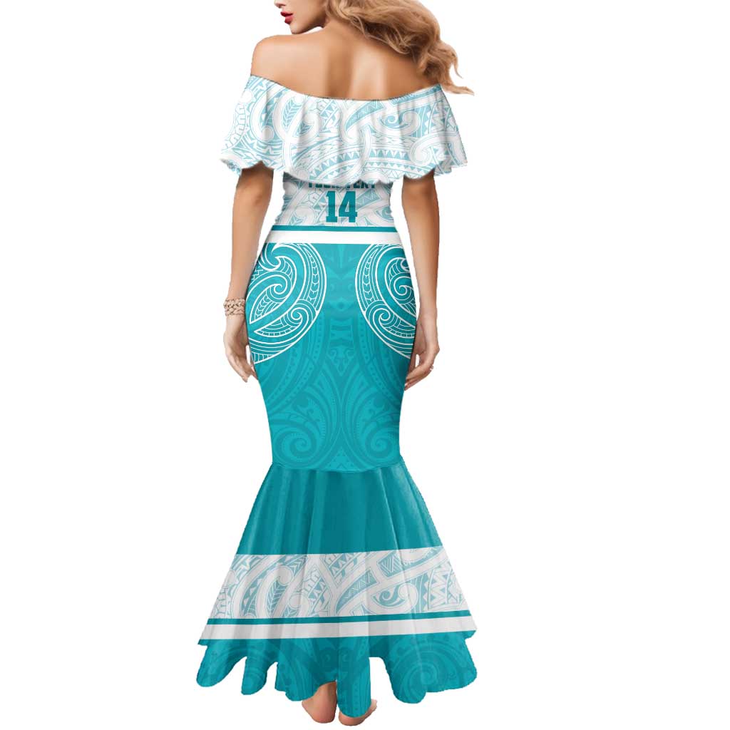 New Zealand Silver Fern Cricket Custom Family Matching Mermaid Dress and Hawaiian Shirt Black Cap Teal Maori Pattern - Aussie Hoodie