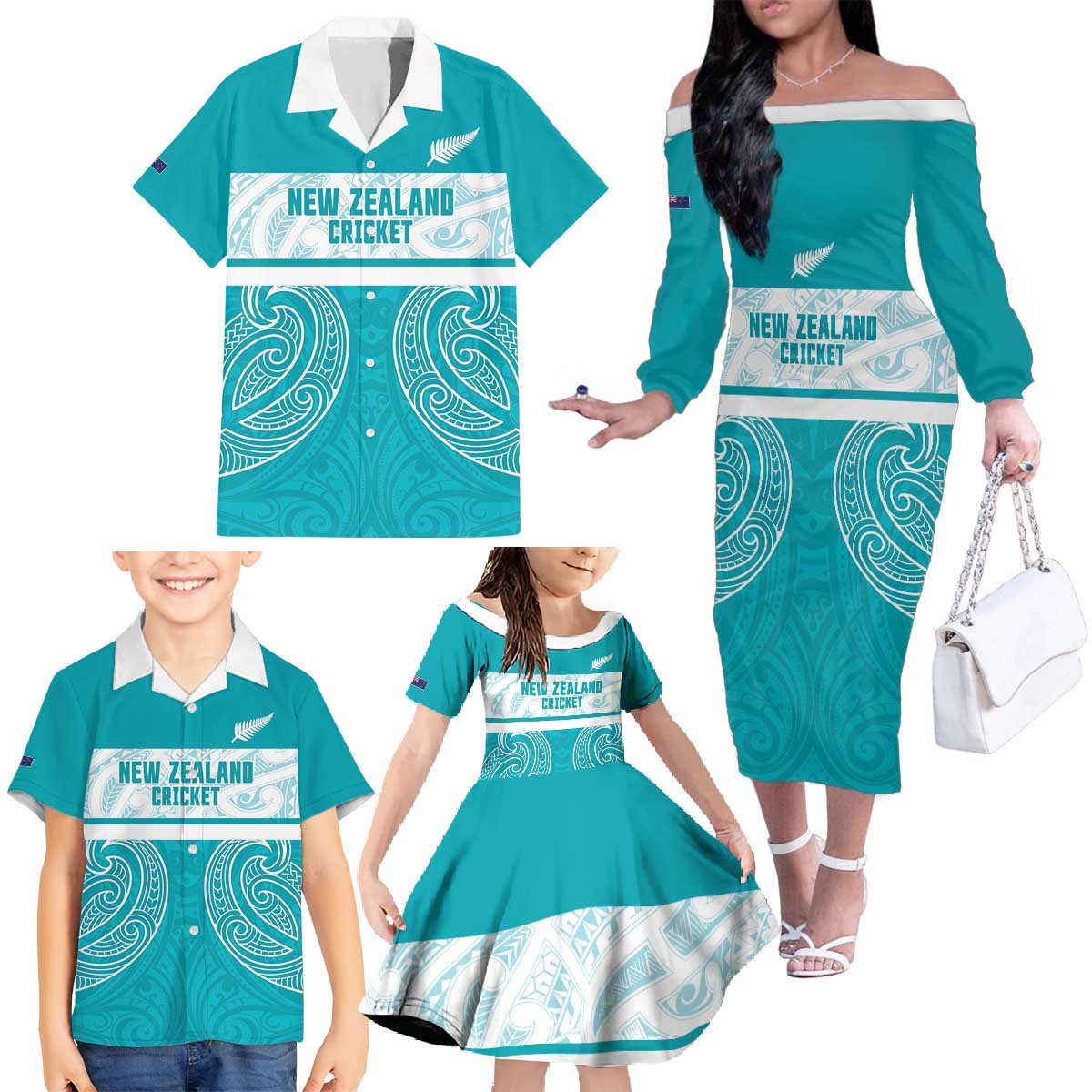 New Zealand Silver Fern Cricket Custom Family Matching Off The Shoulder Long Sleeve Dress and Hawaiian Shirt Black Cap Teal Maori Pattern - Aussie Hoodie