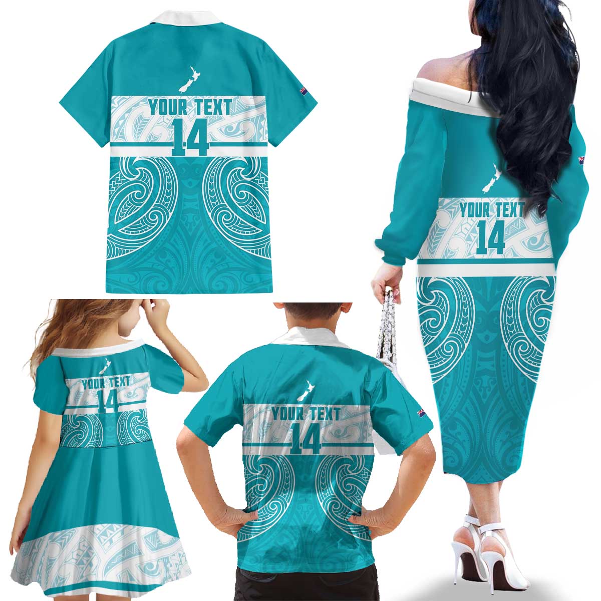 New Zealand Silver Fern Cricket Custom Family Matching Off The Shoulder Long Sleeve Dress and Hawaiian Shirt Black Cap Teal Maori Pattern - Aussie Hoodie