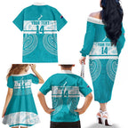 New Zealand Silver Fern Cricket Custom Family Matching Off The Shoulder Long Sleeve Dress and Hawaiian Shirt Black Cap Teal Maori Pattern - Aussie Hoodie
