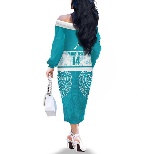 New Zealand Silver Fern Cricket Custom Family Matching Off The Shoulder Long Sleeve Dress and Hawaiian Shirt Black Cap Teal Maori Pattern - Aussie Hoodie