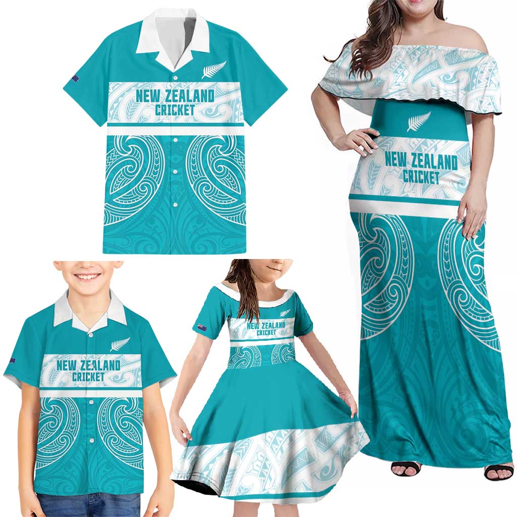 New Zealand Silver Fern Cricket Custom Family Matching Off Shoulder Maxi Dress and Hawaiian Shirt Black Cap Teal Maori Pattern - Aussie Hoodie