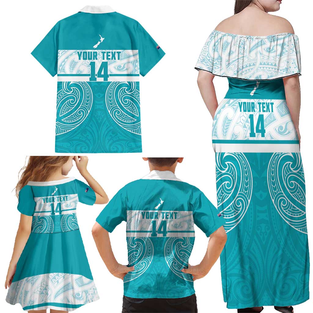 New Zealand Silver Fern Cricket Custom Family Matching Off Shoulder Maxi Dress and Hawaiian Shirt Black Cap Teal Maori Pattern - Aussie Hoodie