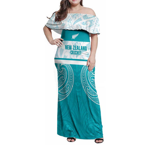 New Zealand Silver Fern Cricket Custom Family Matching Off Shoulder Maxi Dress and Hawaiian Shirt Black Cap Teal Maori Pattern - Aussie Hoodie