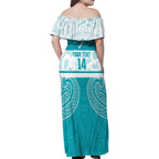 New Zealand Silver Fern Cricket Custom Family Matching Off Shoulder Maxi Dress and Hawaiian Shirt Black Cap Teal Maori Pattern - Aussie Hoodie