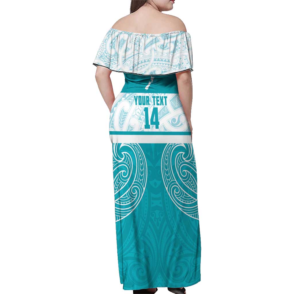 New Zealand Silver Fern Cricket Custom Family Matching Off Shoulder Maxi Dress and Hawaiian Shirt Black Cap Teal Maori Pattern - Aussie Hoodie