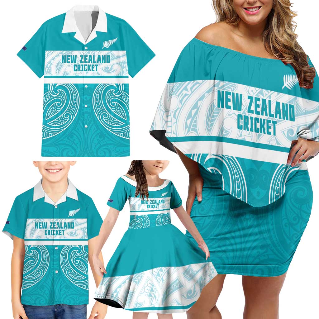 New Zealand Silver Fern Cricket Custom Family Matching Off Shoulder Short Dress and Hawaiian Shirt Black Cap Teal Maori Pattern - Aussie Hoodie