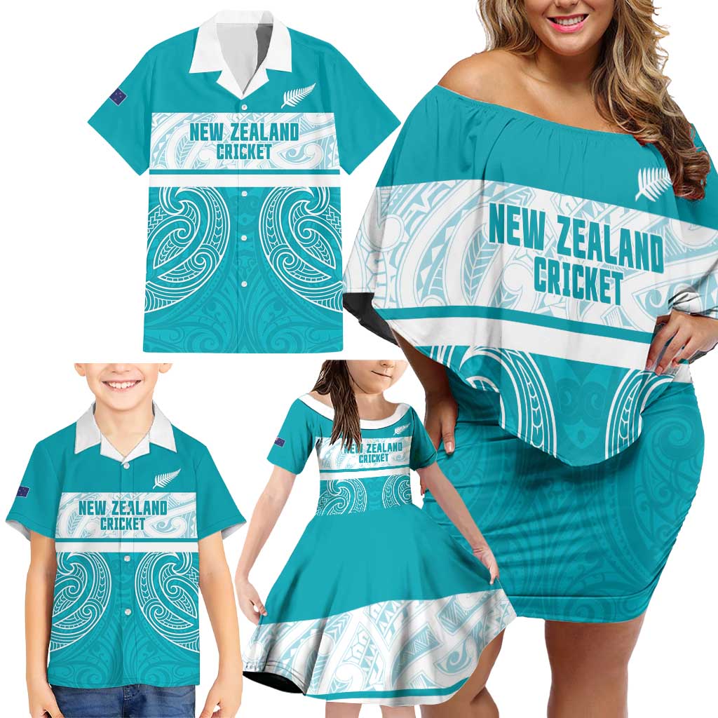 New Zealand Silver Fern Cricket Custom Family Matching Off Shoulder Short Dress and Hawaiian Shirt Black Cap Teal Maori Pattern - Aussie Hoodie