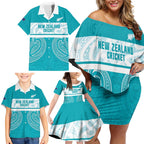 New Zealand Silver Fern Cricket Custom Family Matching Off Shoulder Short Dress and Hawaiian Shirt Black Cap Teal Maori Pattern - Aussie Hoodie