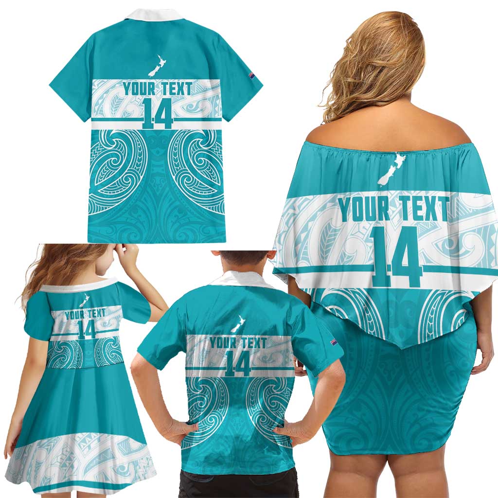 New Zealand Silver Fern Cricket Custom Family Matching Off Shoulder Short Dress and Hawaiian Shirt Black Cap Teal Maori Pattern - Aussie Hoodie