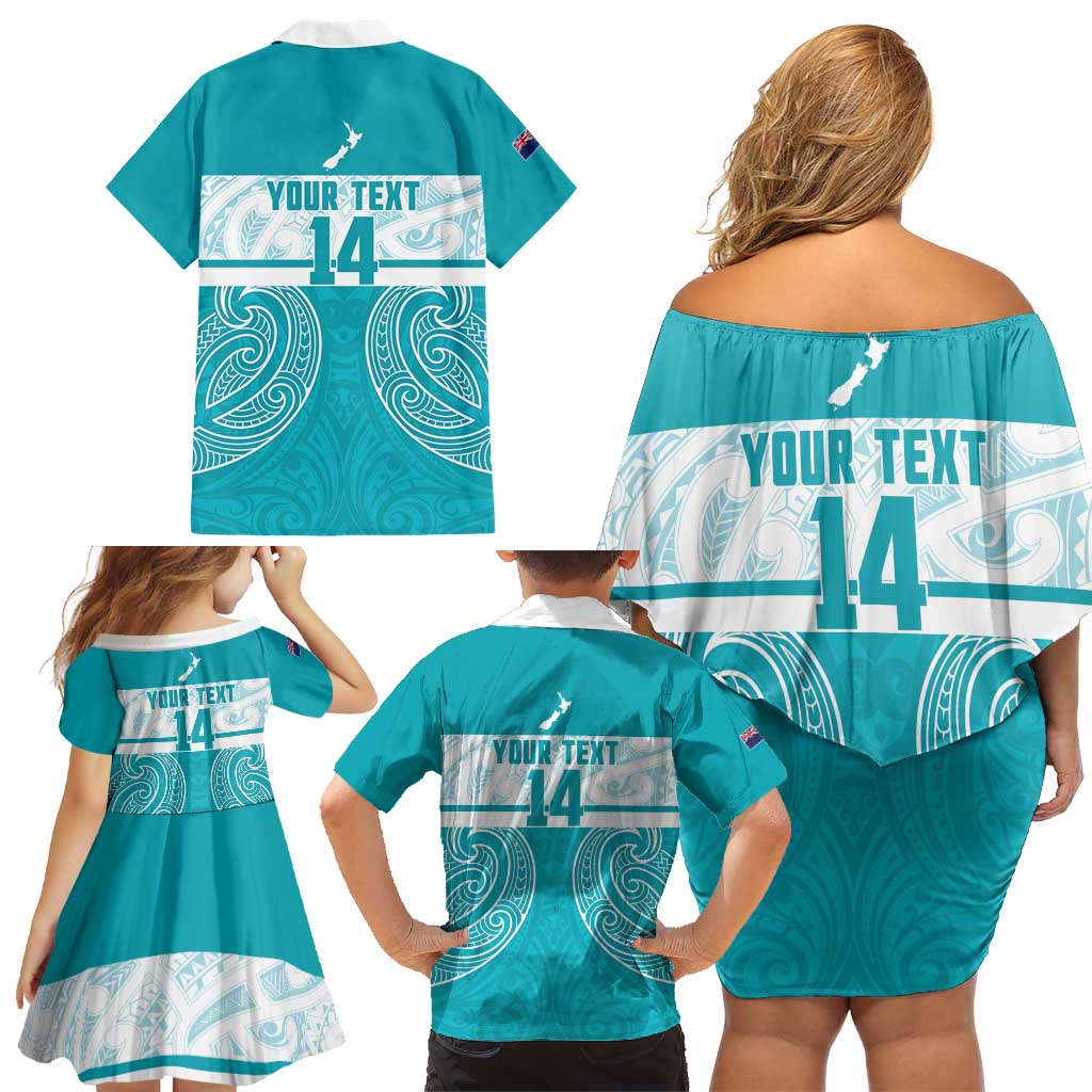 New Zealand Silver Fern Cricket Custom Family Matching Off Shoulder Short Dress and Hawaiian Shirt Black Cap Teal Maori Pattern - Aussie Hoodie