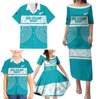 New Zealand Silver Fern Cricket Custom Family Matching Puletasi and Hawaiian Shirt Black Cap Teal Maori Pattern - Aussie Hoodie