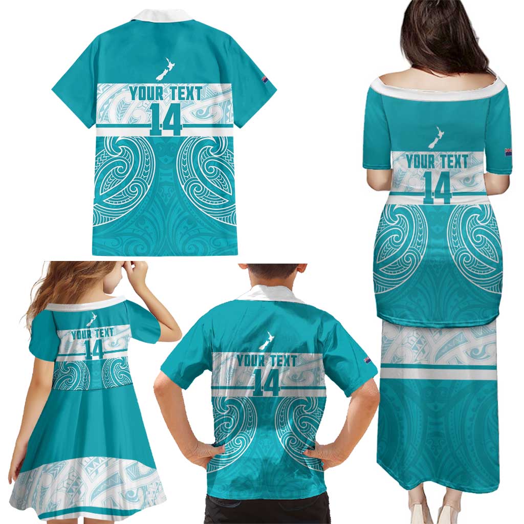New Zealand Silver Fern Cricket Custom Family Matching Puletasi and Hawaiian Shirt Black Cap Teal Maori Pattern - Aussie Hoodie