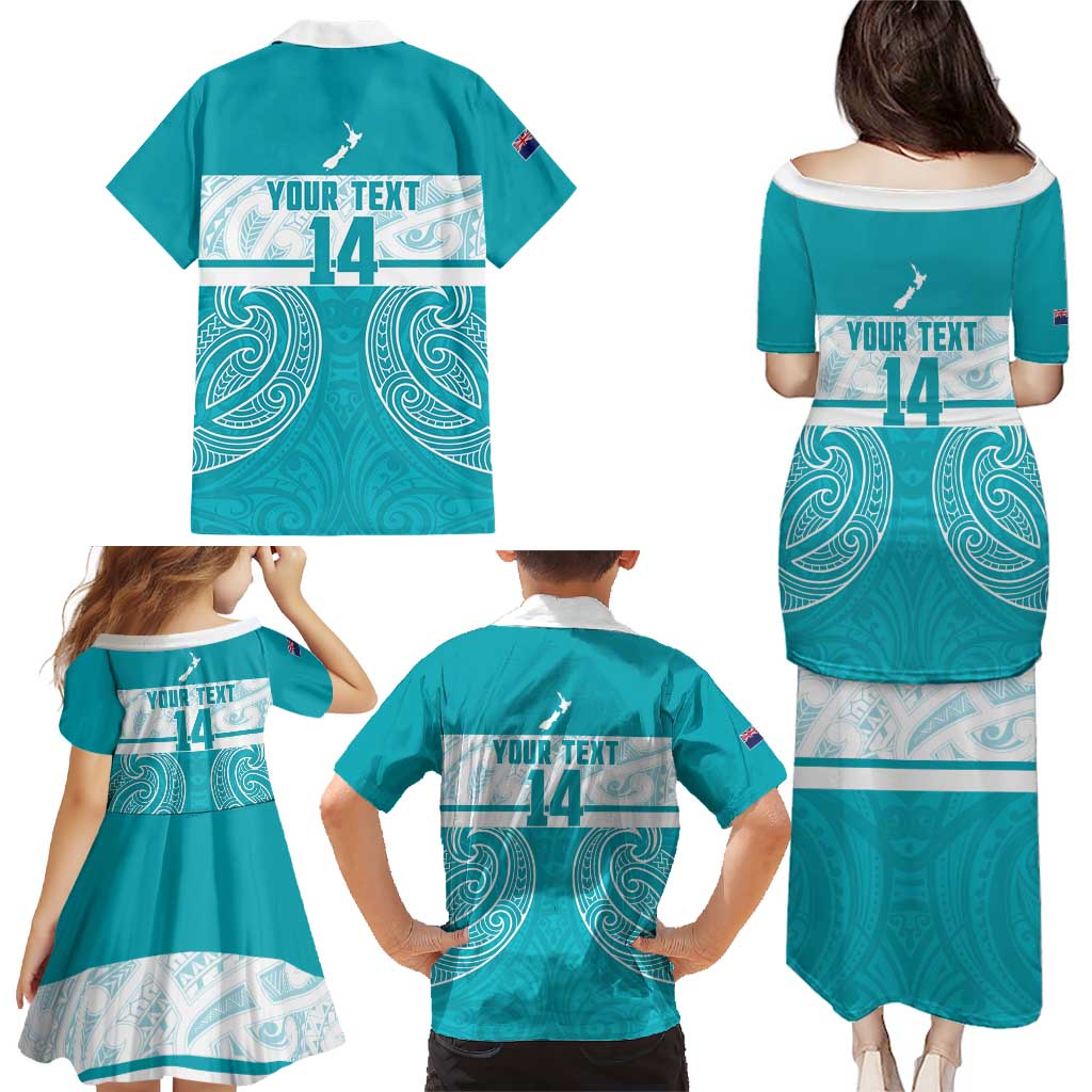New Zealand Silver Fern Cricket Custom Family Matching Puletasi and Hawaiian Shirt Black Cap Teal Maori Pattern - Aussie Hoodie