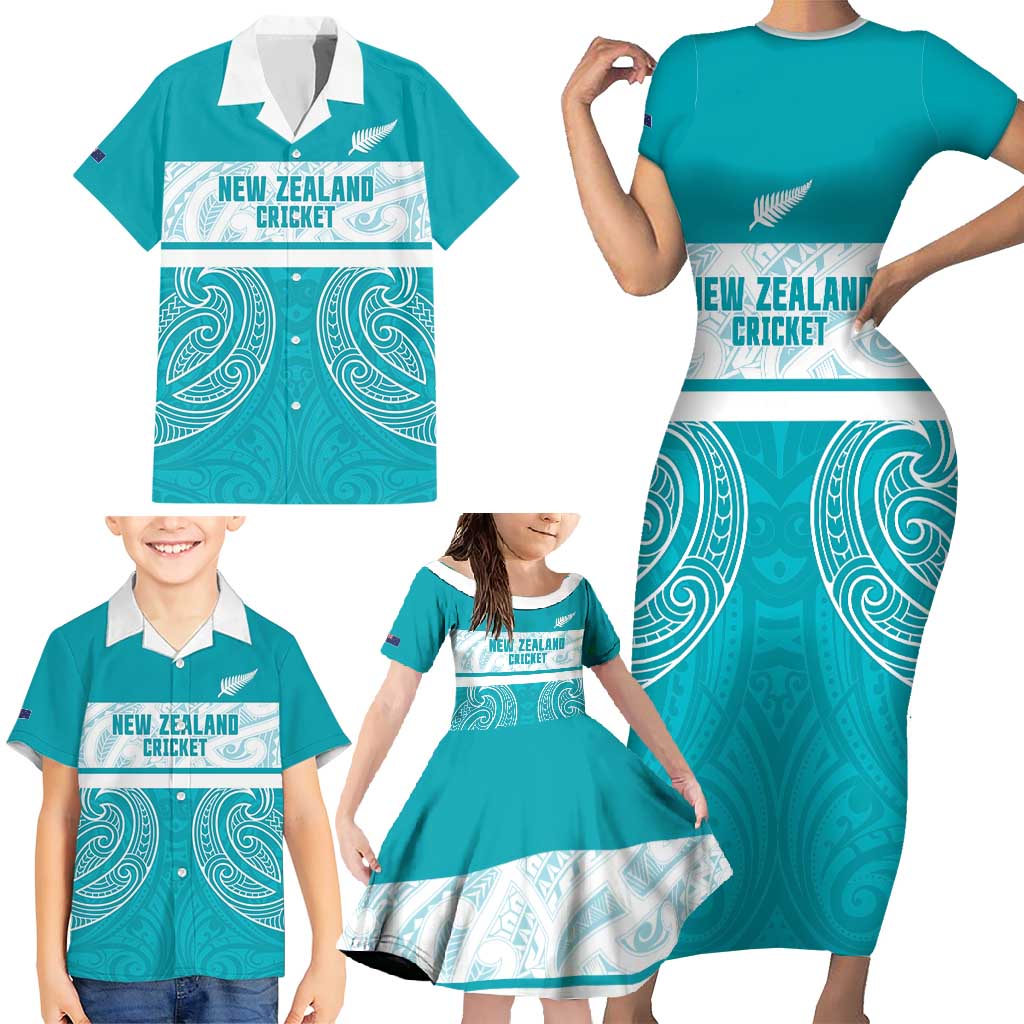New Zealand Silver Fern Cricket Custom Family Matching Short Sleeve Bodycon Dress and Hawaiian Shirt Black Cap Teal Maori Pattern - Aussie Hoodie