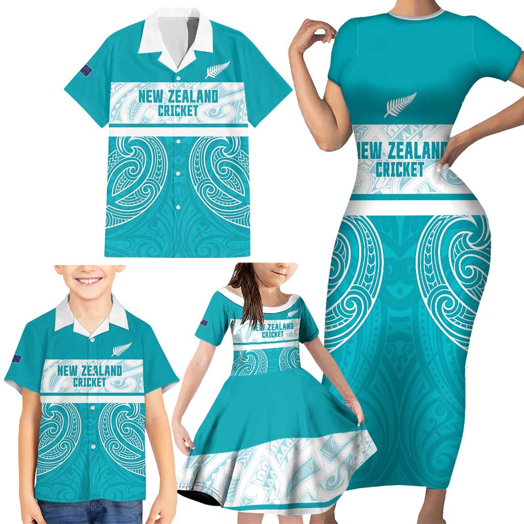 New Zealand Silver Fern Cricket Custom Family Matching Short Sleeve Bodycon Dress and Hawaiian Shirt Black Cap Teal Maori Pattern - Aussie Hoodie