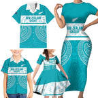 New Zealand Silver Fern Cricket Custom Family Matching Short Sleeve Bodycon Dress and Hawaiian Shirt Black Cap Teal Maori Pattern - Aussie Hoodie