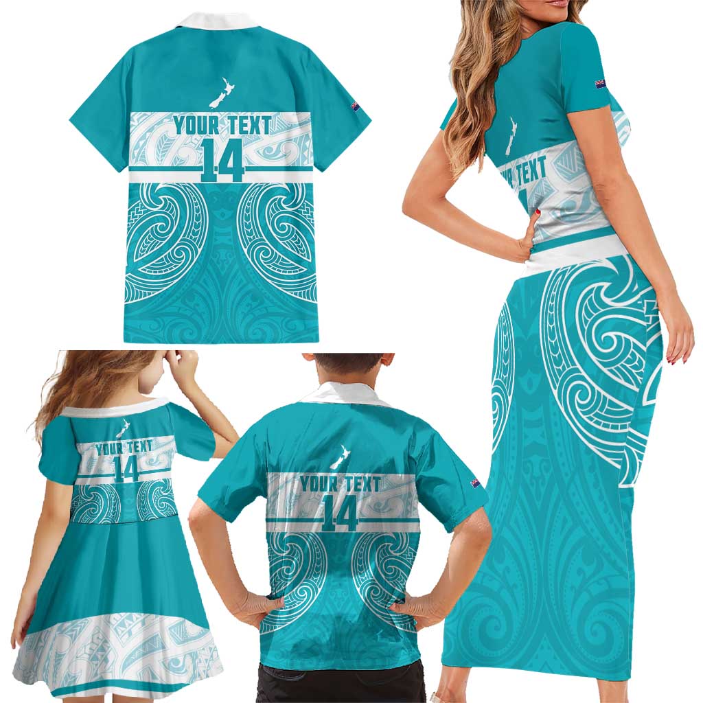 New Zealand Silver Fern Cricket Custom Family Matching Short Sleeve Bodycon Dress and Hawaiian Shirt Black Cap Teal Maori Pattern - Aussie Hoodie