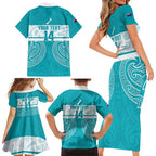 New Zealand Silver Fern Cricket Custom Family Matching Short Sleeve Bodycon Dress and Hawaiian Shirt Black Cap Teal Maori Pattern - Aussie Hoodie
