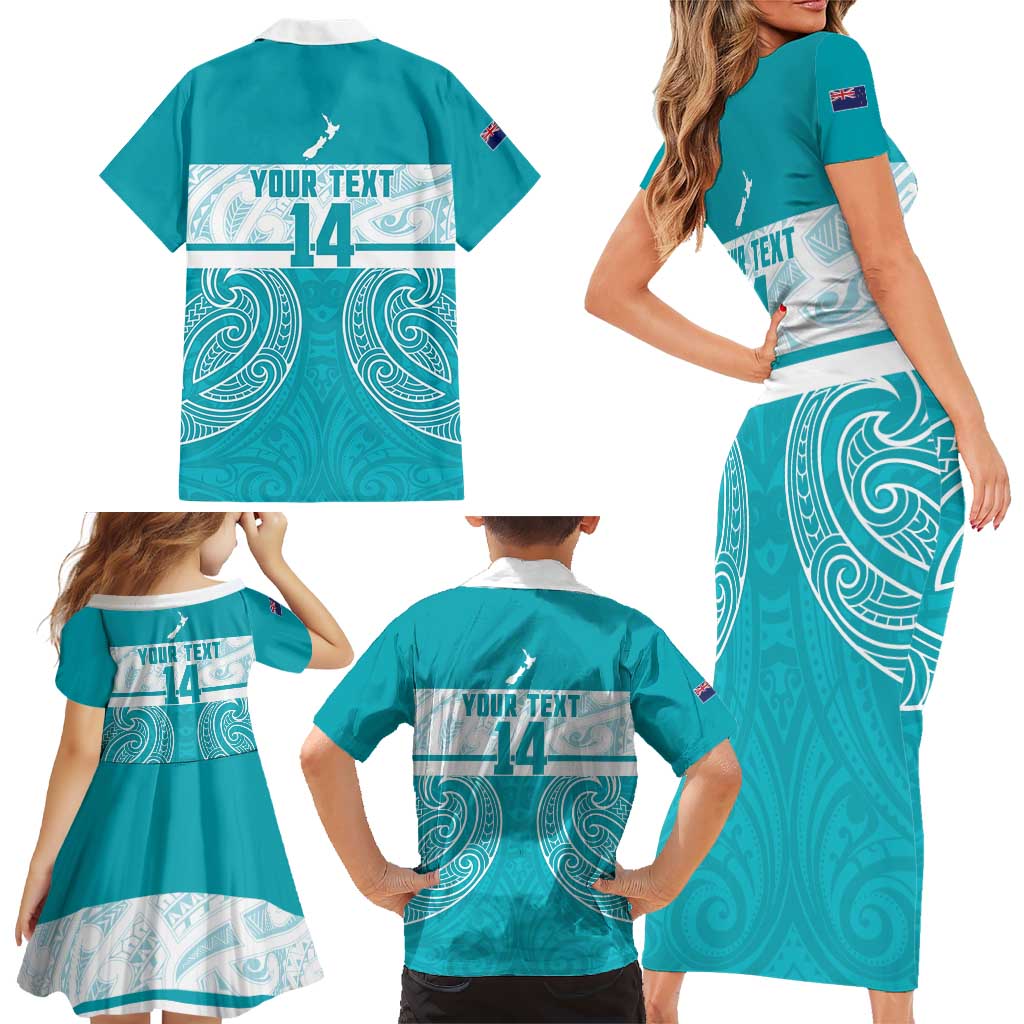 New Zealand Silver Fern Cricket Custom Family Matching Short Sleeve Bodycon Dress and Hawaiian Shirt Black Cap Teal Maori Pattern - Aussie Hoodie