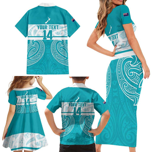 New Zealand Silver Fern Cricket Custom Family Matching Short Sleeve Bodycon Dress and Hawaiian Shirt Black Cap Teal Maori Pattern - Aussie Hoodie