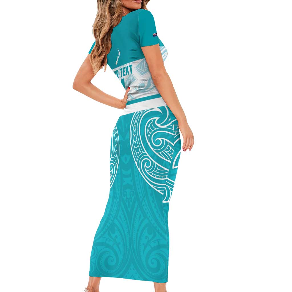 New Zealand Silver Fern Cricket Custom Family Matching Short Sleeve Bodycon Dress and Hawaiian Shirt Black Cap Teal Maori Pattern - Aussie Hoodie