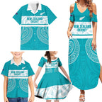 New Zealand Silver Fern Cricket Custom Family Matching Summer Maxi Dress and Hawaiian Shirt Black Cap Teal Maori Pattern - Aussie Hoodie