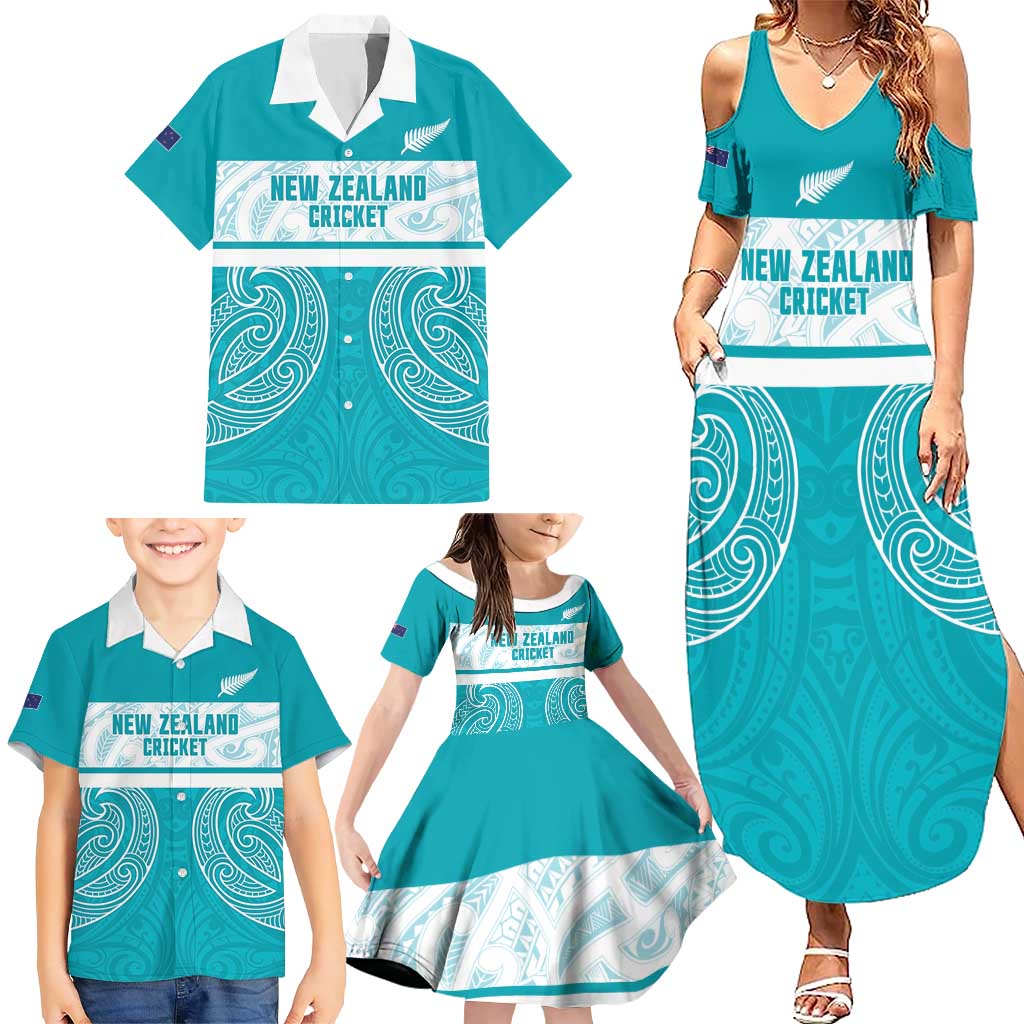 New Zealand Silver Fern Cricket Custom Family Matching Summer Maxi Dress and Hawaiian Shirt Black Cap Teal Maori Pattern - Aussie Hoodie