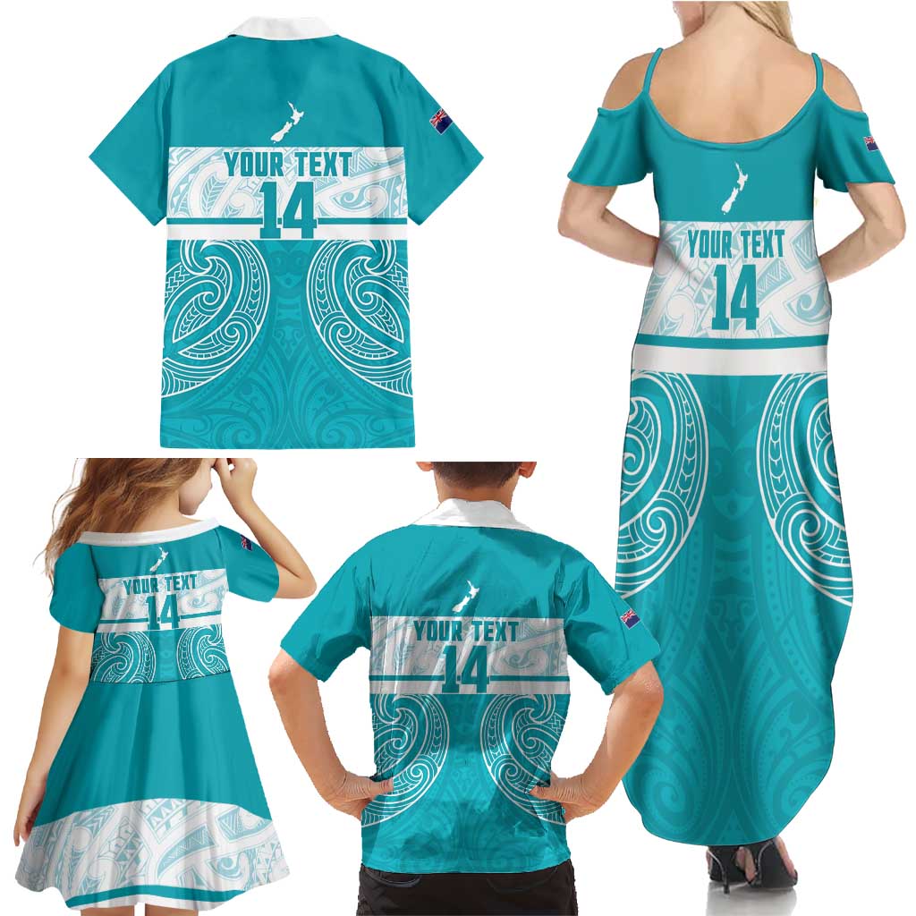 New Zealand Silver Fern Cricket Custom Family Matching Summer Maxi Dress and Hawaiian Shirt Black Cap Teal Maori Pattern - Aussie Hoodie
