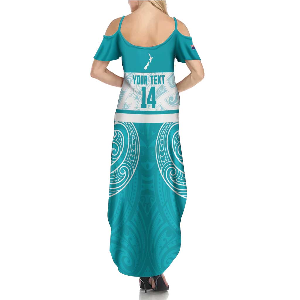 New Zealand Silver Fern Cricket Custom Family Matching Summer Maxi Dress and Hawaiian Shirt Black Cap Teal Maori Pattern - Aussie Hoodie