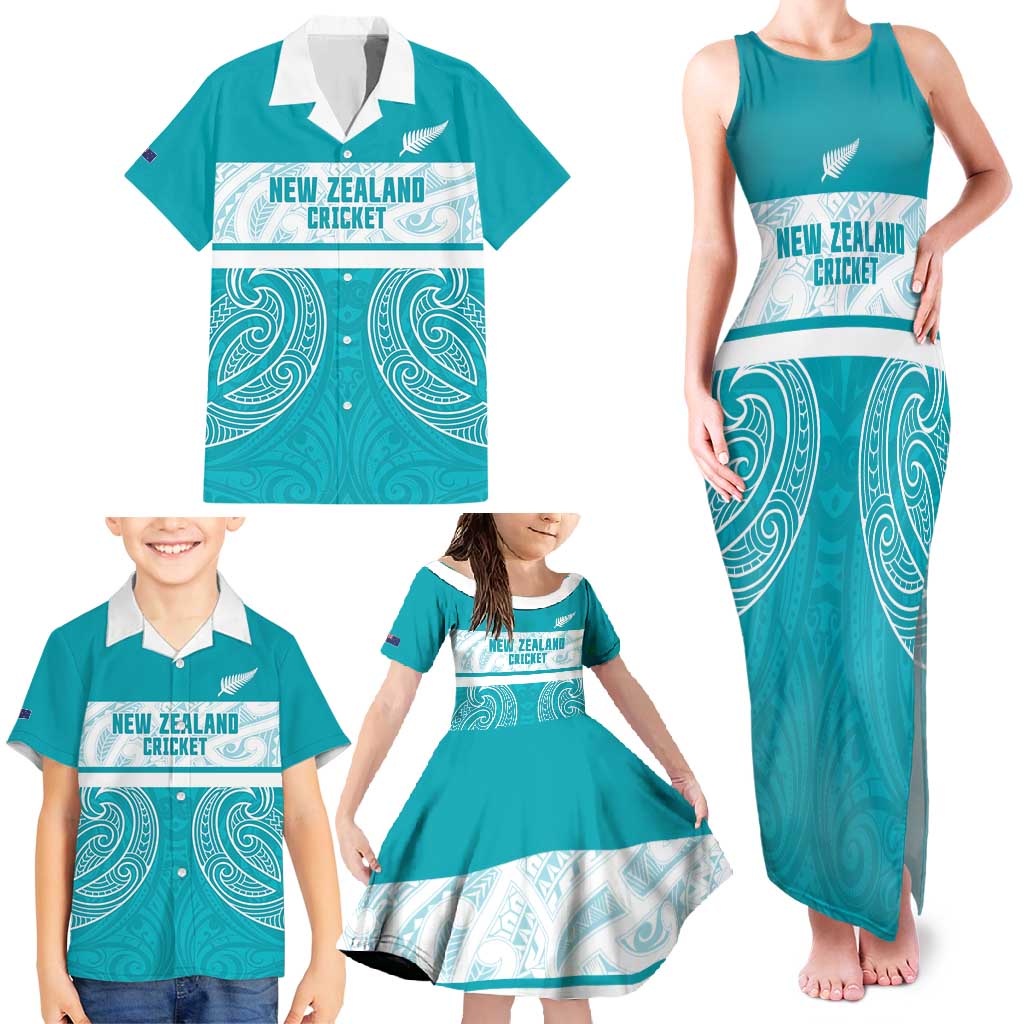 New Zealand Silver Fern Cricket Custom Family Matching Tank Maxi Dress and Hawaiian Shirt Black Cap Teal Maori Pattern - Aussie Hoodie