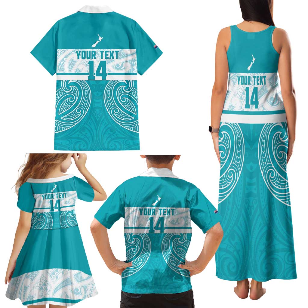 New Zealand Silver Fern Cricket Custom Family Matching Tank Maxi Dress and Hawaiian Shirt Black Cap Teal Maori Pattern - Aussie Hoodie