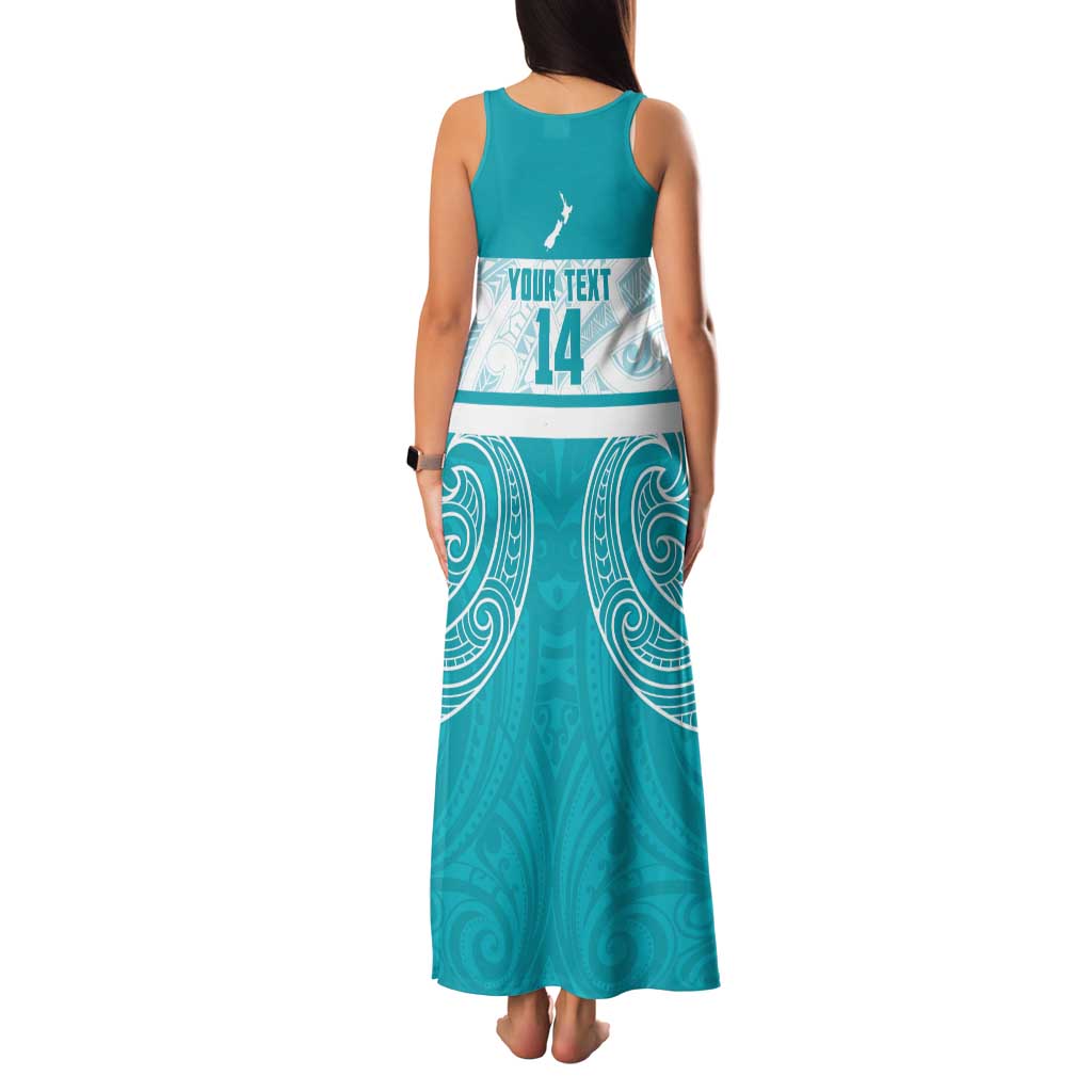 New Zealand Silver Fern Cricket Custom Family Matching Tank Maxi Dress and Hawaiian Shirt Black Cap Teal Maori Pattern - Aussie Hoodie