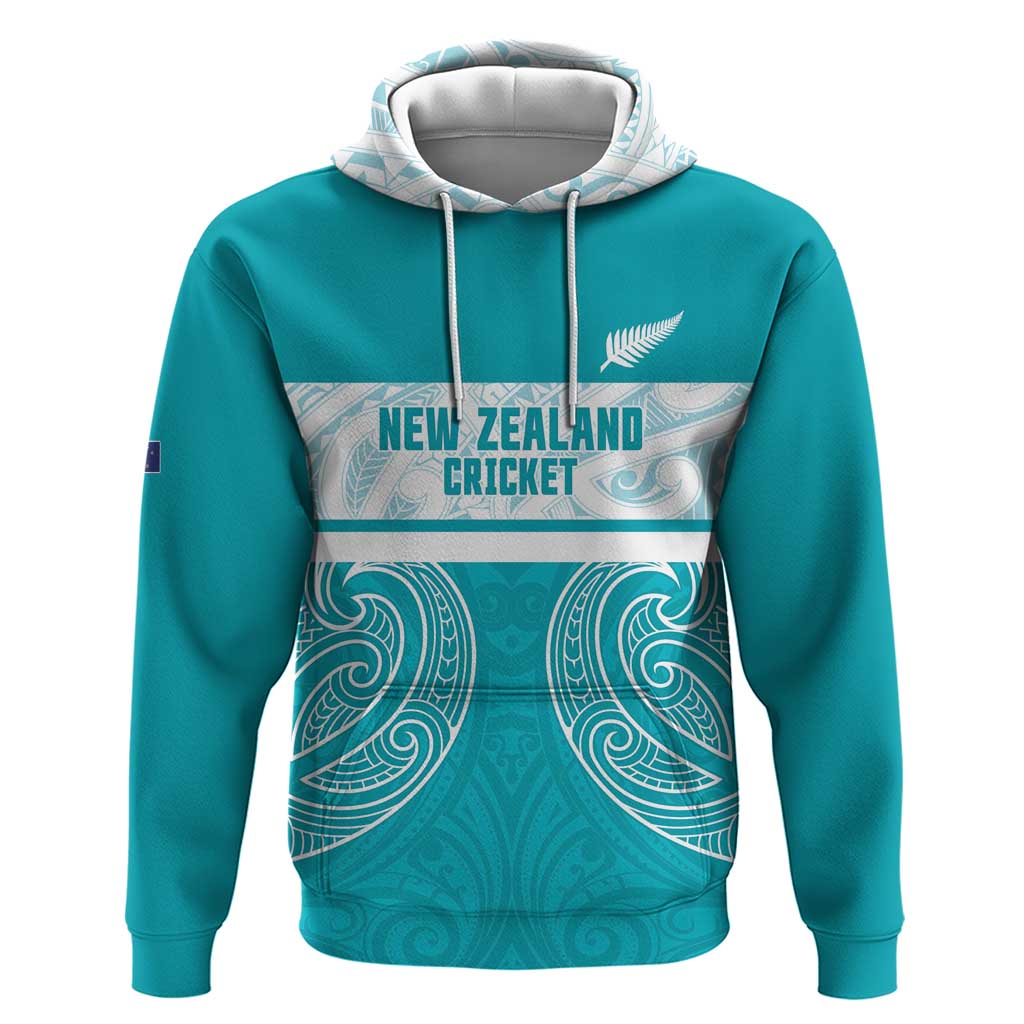 New Zealand Silver Fern Cricket Custom Hoodie Black Cap Teal Maori Pattern - Aussie Hoodie