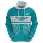 New Zealand Silver Fern Cricket Custom Hoodie Black Cap Teal Maori Pattern - Aussie Hoodie