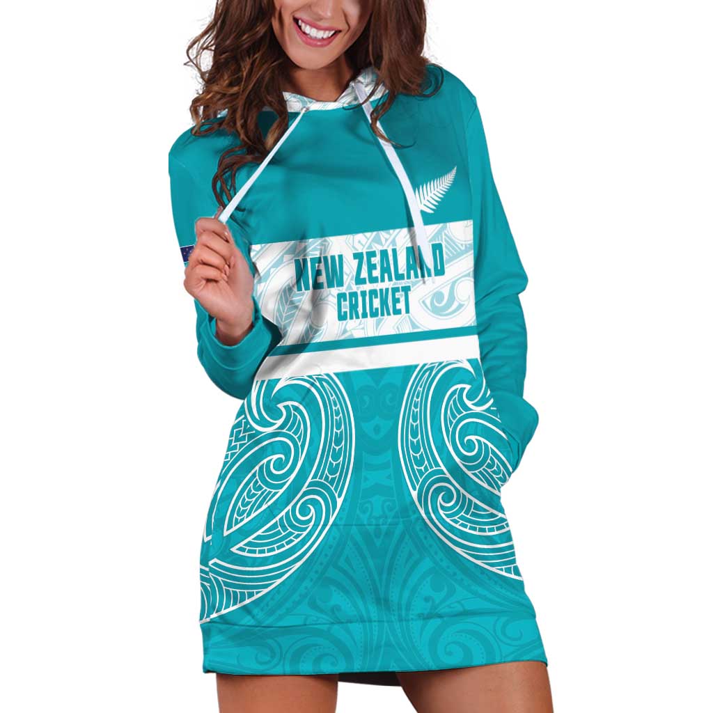 New Zealand Silver Fern Cricket Custom Hoodie Dress Black Cap Teal Maori Pattern - Aussie Hoodie