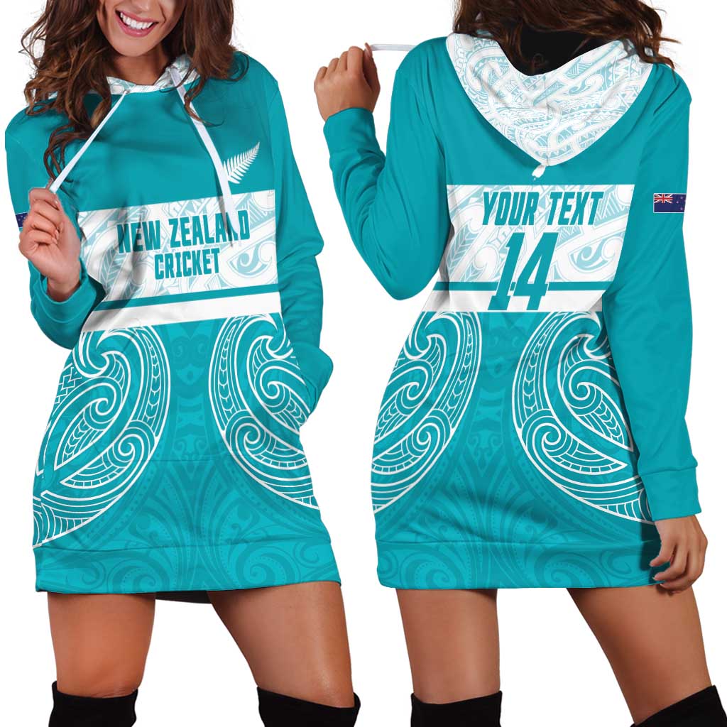New Zealand Silver Fern Cricket Custom Hoodie Dress Black Cap Teal Maori Pattern - Aussie Hoodie